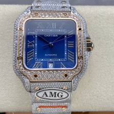 최고퀄 까르띠에 산토스 블루 로만 다이얼 로즈 골드 콤비 파베 세팅 40mm