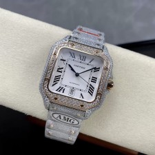 최고퀄 까르띠에 산토스 화이트 로만 다이얼 로즈 골드 콤비 파베 세팅 40mm