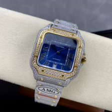 최고퀄 까르띠에 산토스 블루 로만 다이얼 옐로우 골드 콤비 파베 세팅 40mm